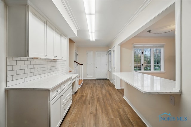 160 Winfield Dr, Bowling Green, OH 43402 - kitchen featuring white cabinetry, decorative backsplash, wood finished floors, light stone counters, and ornamental molding