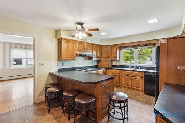 325 Park St, Bryan, OH 43506 - kitchen with black dishwasher, under cabinet range hood, stainless steel gas stovetop, baseboard heating, and dark countertops