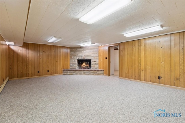 325 Park St, Bryan, OH 43506 - finished basement with wood walls, a stone fireplace, and carpet floors