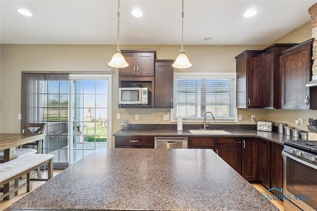 kitchen featuring a sink, dark brown cabinetry, dark countertops, and stainless steel appliances