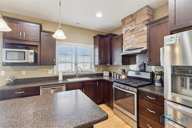 kitchen with dark countertops, light wood-type flooring, a sink, stainless steel appliances, and extractor fan