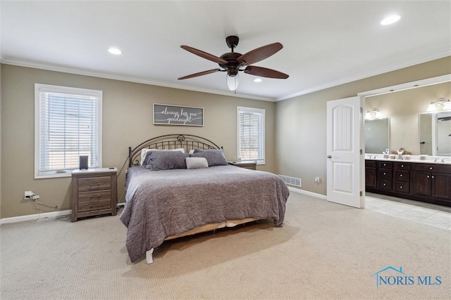 4218 Herdmans Cir, Maumee, OH 43537 - bedroom featuring light carpet, crown molding, baseboards, connected bathroom, and recessed lighting