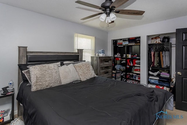 853 Circleview Dr, Toledo, OH 43615 - bedroom featuring a ceiling fan, multiple closets, and carpet