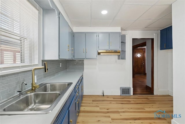 2000 Oakwood Ave, Toledo, OH 43607 - kitchen with a sink, visible vents, backsplash, blue cabinetry, and under cabinet range hood