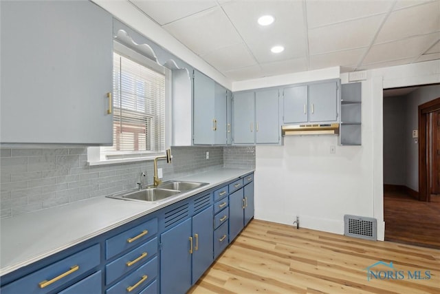 2000 Oakwood Ave, Toledo, OH 43607 - kitchen featuring blue cabinetry, under cabinet range hood, and a sink