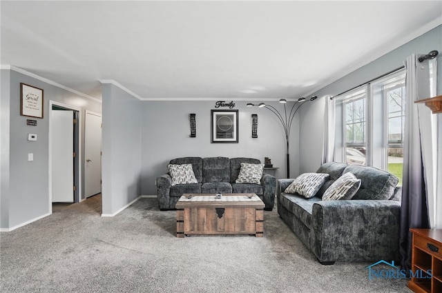 carpeted living room with baseboards and ornamental molding