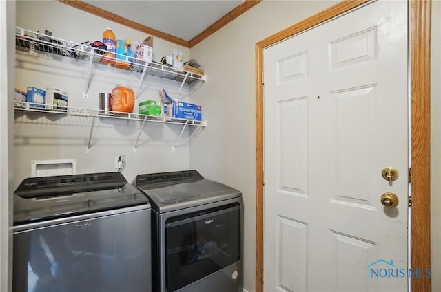 clothes washing area featuring independent washer and dryer, laundry area, and crown molding