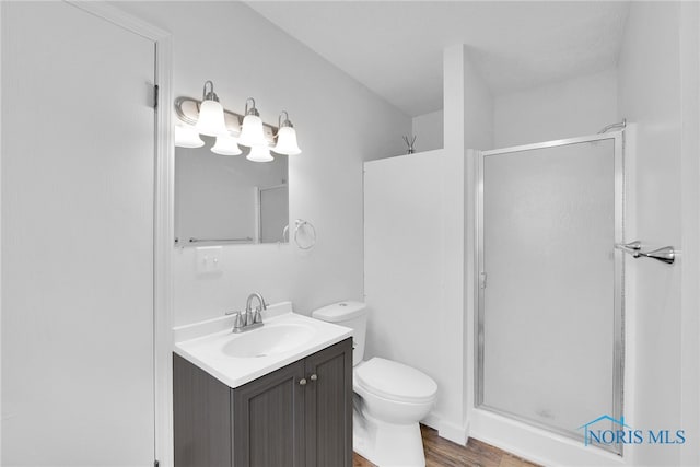 full bathroom featuring toilet, wood finished floors, vanity, and a stall shower