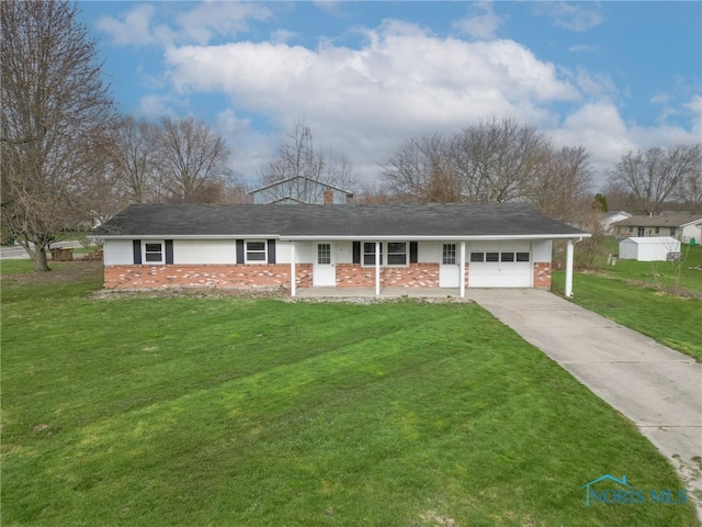 ranch-style home with an attached garage, driveway, a porch, brick siding, and a front yard