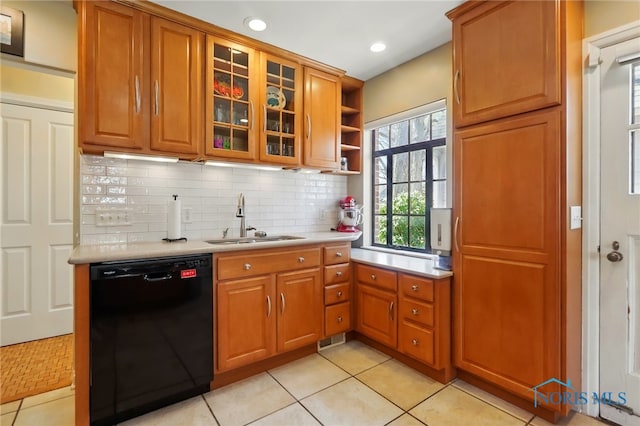3122 Hopewell Pl, Toledo, OH 43606 - kitchen featuring open shelves, light countertops, brown cabinets, dishwasher, and a sink