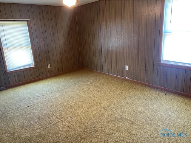 carpeted empty room featuring wooden walls