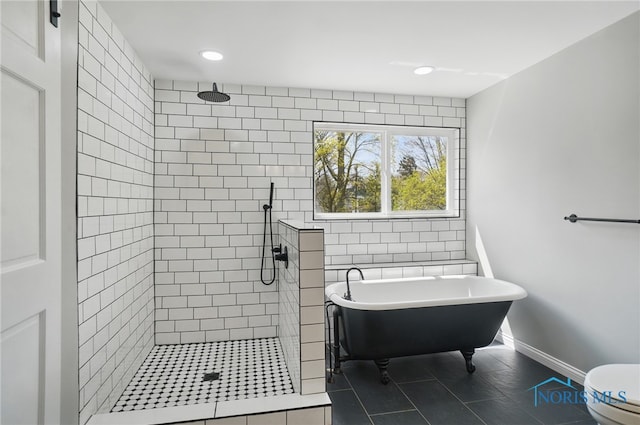 bathroom with a soaking tub, tiled shower, tile walls, recessed lighting, and tile patterned flooring