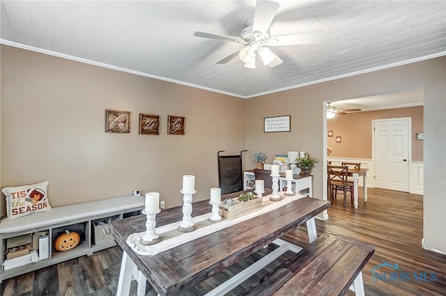 dining space with ornamental molding, ceiling fan, wood finished floors, and wood ceiling