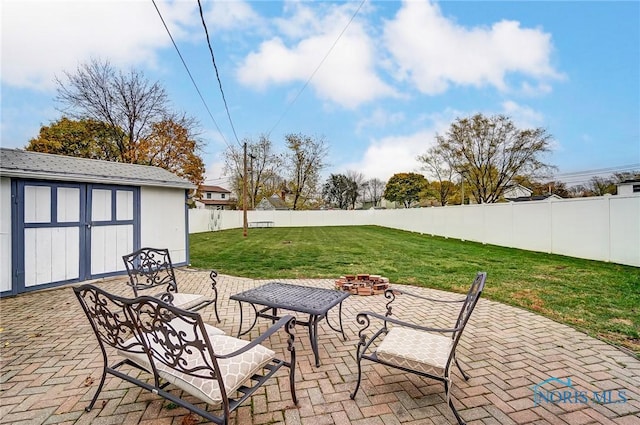 view of patio / terrace featuring an outdoor structure, an outdoor fire pit, and a fenced backyard