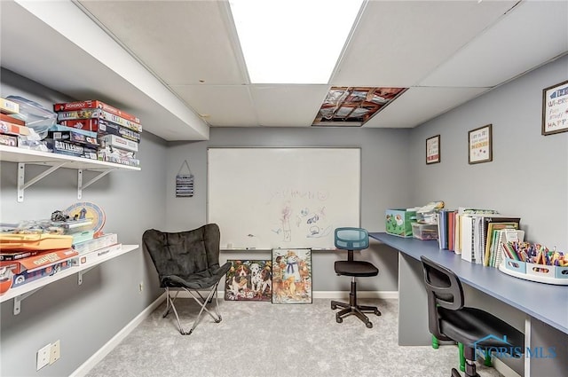 home office featuring baseboards, carpet floors, and a paneled ceiling