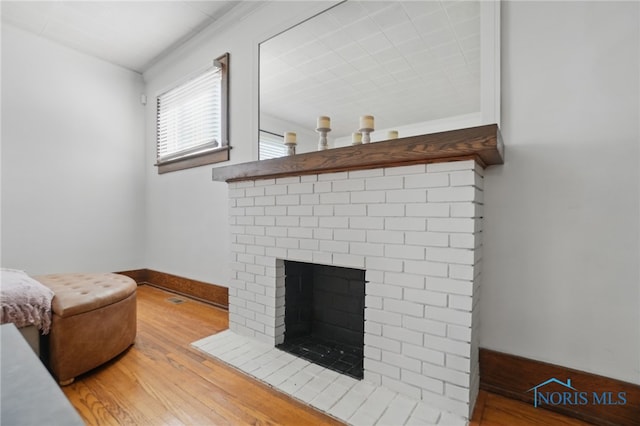 living area featuring a fireplace and wood finished floors