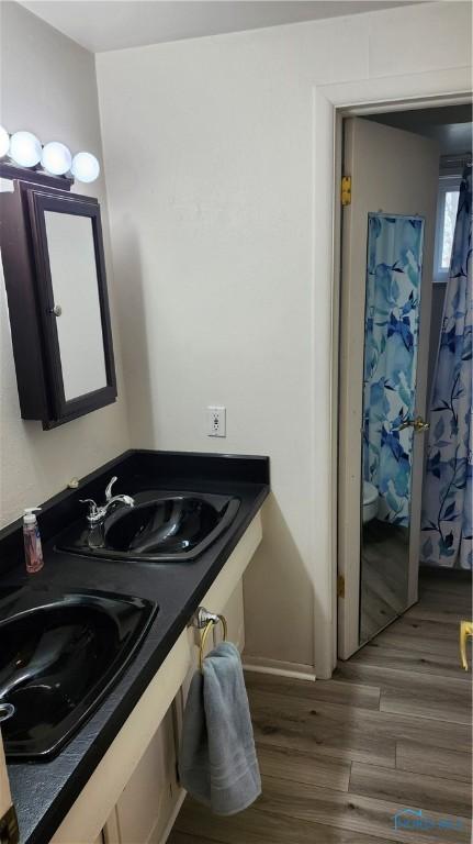 bathroom with wood finished floors, toilet, baseboards, and a sink