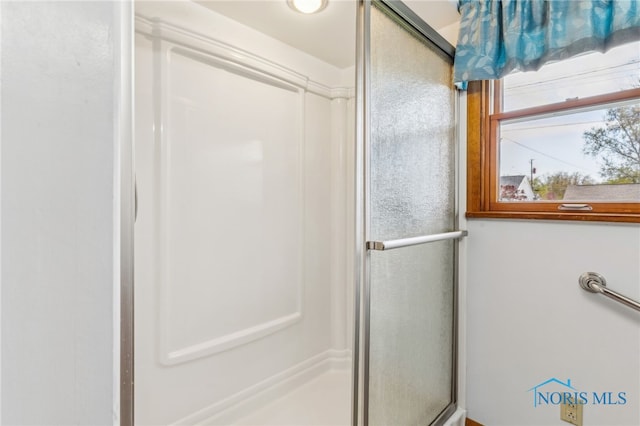 bathroom with a shower with shower door