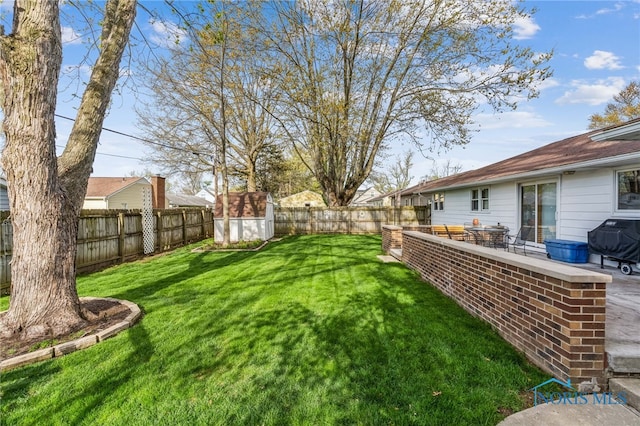view of yard featuring a fenced backyard, a storage unit, and an outbuilding