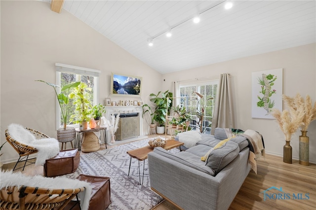 living room with baseboards, track lighting, a fireplace, wood finished floors, and high vaulted ceiling