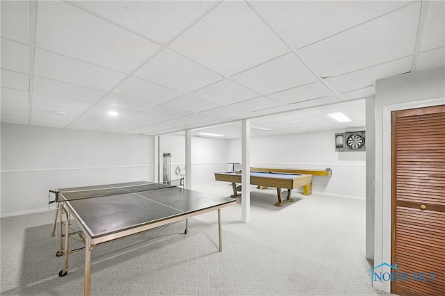 recreation room with a drop ceiling, carpet floors, and pool table