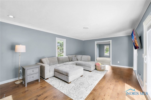 living area with wood finished floors, crown molding, and baseboards