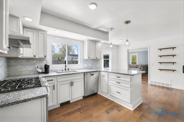 kitchen featuring dark wood-style floors, a sink, decorative backsplash, a peninsula, and dishwasher