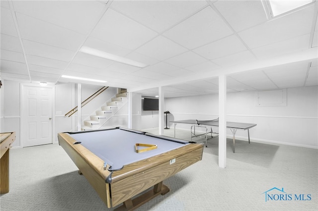 playroom featuring carpet, a drop ceiling, pool table, and baseboards