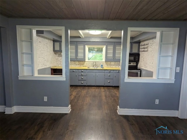 kitchen featuring stainless steel electric range oven, black microwave, wooden ceiling, and a sink