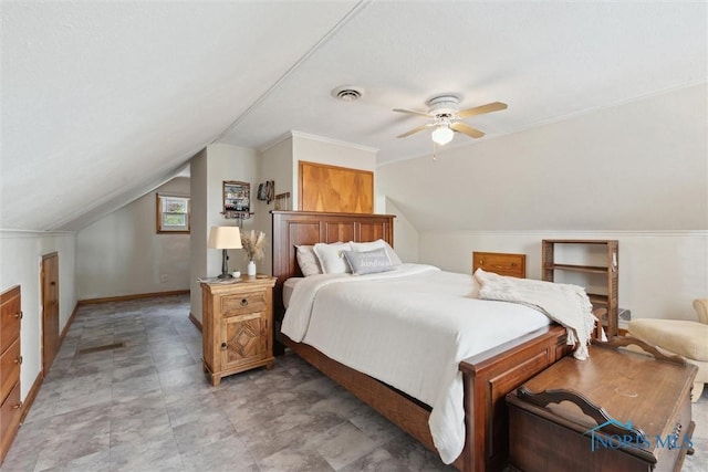 5583 304th St, Toledo, OH 43611 - bedroom with vaulted ceiling, visible vents, baseboards, and a ceiling fan