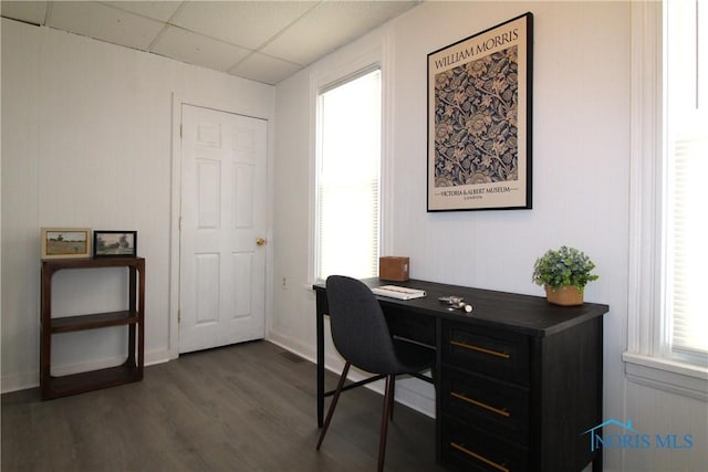 304 Dexter St, Toledo, OH 43608 - home office with baseboards, dark wood-type flooring, and a drop ceiling