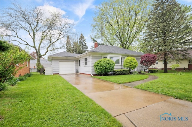 2710 131st St, Toledo, OH 43611 - view of front facade featuring a garage, concrete driveway, a front yard, a chimney, and a shingled roof