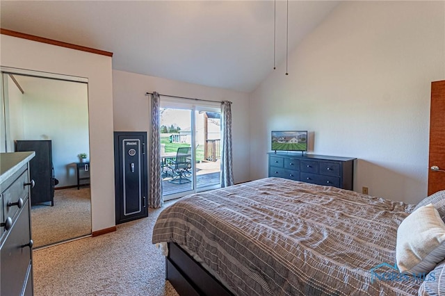 556 S Lathrop Rd, Swanton, OH 43558 - carpeted bedroom featuring high vaulted ceiling, access to outside, and baseboards