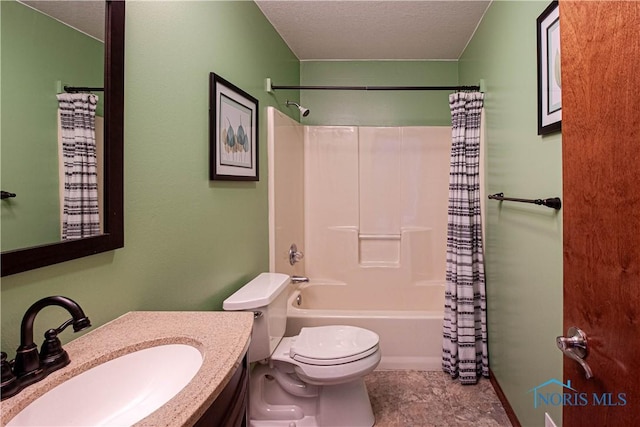 556 S Lathrop Rd, Swanton, OH 43558 - bathroom featuring shower / bath combination with curtain, toilet, a textured ceiling, and vanity