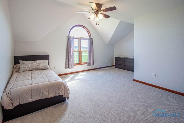 556 S Lathrop Rd, Swanton, OH 43558 - carpeted bedroom featuring baseboards, ceiling fan, and lofted ceiling