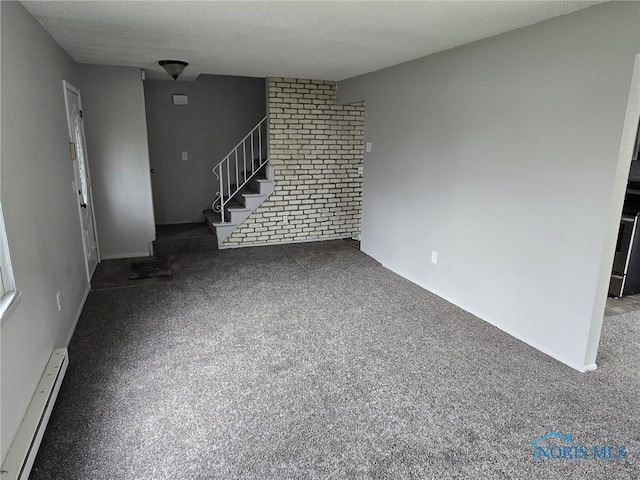 unfurnished living room featuring stairway, carpet floors, and a baseboard radiator