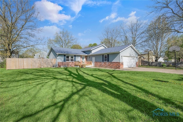 view of front of home featuring concrete driveway, brick siding, fence, and a garage