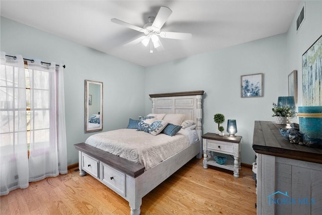 6170 S Winding Way, Swanton, OH 43558 - bedroom featuring baseboards, visible vents, a ceiling fan, and light wood-style floors