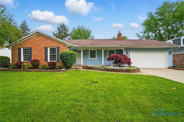 864 Cherry Ln, Waterville, OH 43566 - single story home featuring board and batten siding, a chimney, a garage, concrete driveway, and a porch