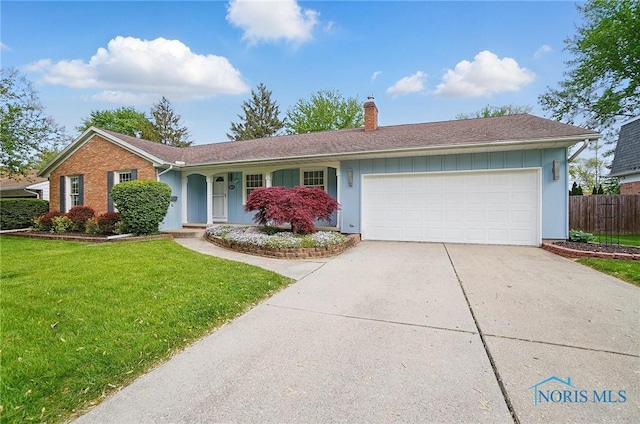 864 Cherry Ln, Waterville, OH 43566 - ranch-style house featuring a chimney, driveway, a garage, and board and batten siding
