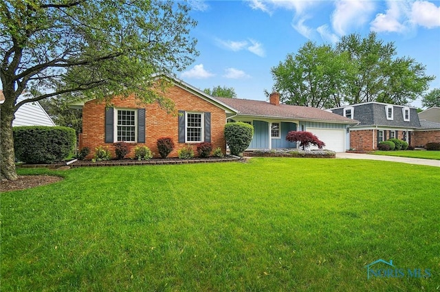 864 Cherry Ln, Waterville, OH 43566 - view of front facade featuring a garage, a chimney, a front yard, and concrete driveway