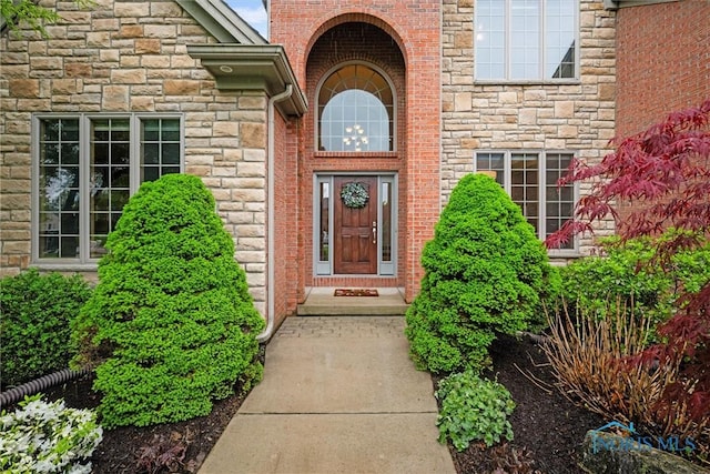 doorway to property featuring stone siding