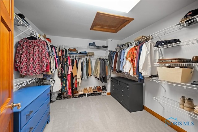 spacious closet featuring attic access and carpet
