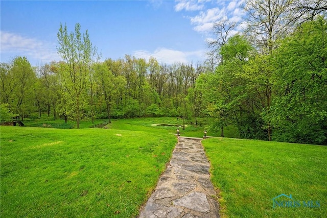 view of green lawn with a forest view