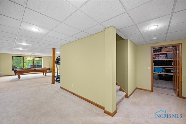 game room with carpet flooring, a paneled ceiling, pool table, and baseboards