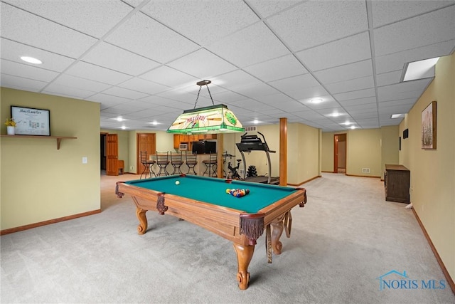 rec room with carpet, baseboards, a paneled ceiling, and pool table