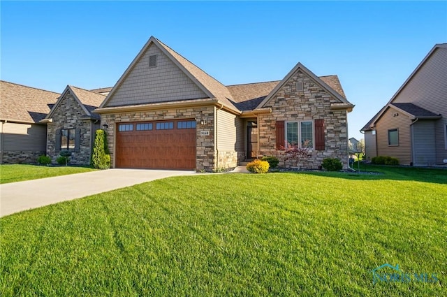 view of front facade featuring a garage, concrete driveway, a front lawn, and stone siding