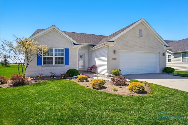 ranch-style house featuring driveway, a front yard, brick siding, and a garage