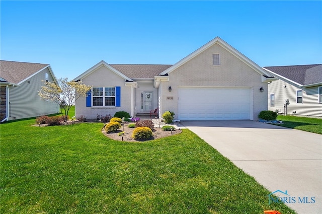 ranch-style home with a front lawn, concrete driveway, an attached garage, and brick siding