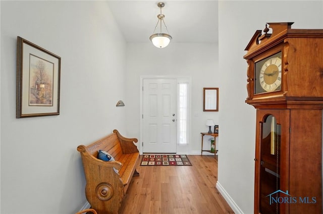 foyer entrance featuring light wood finished floors and baseboards